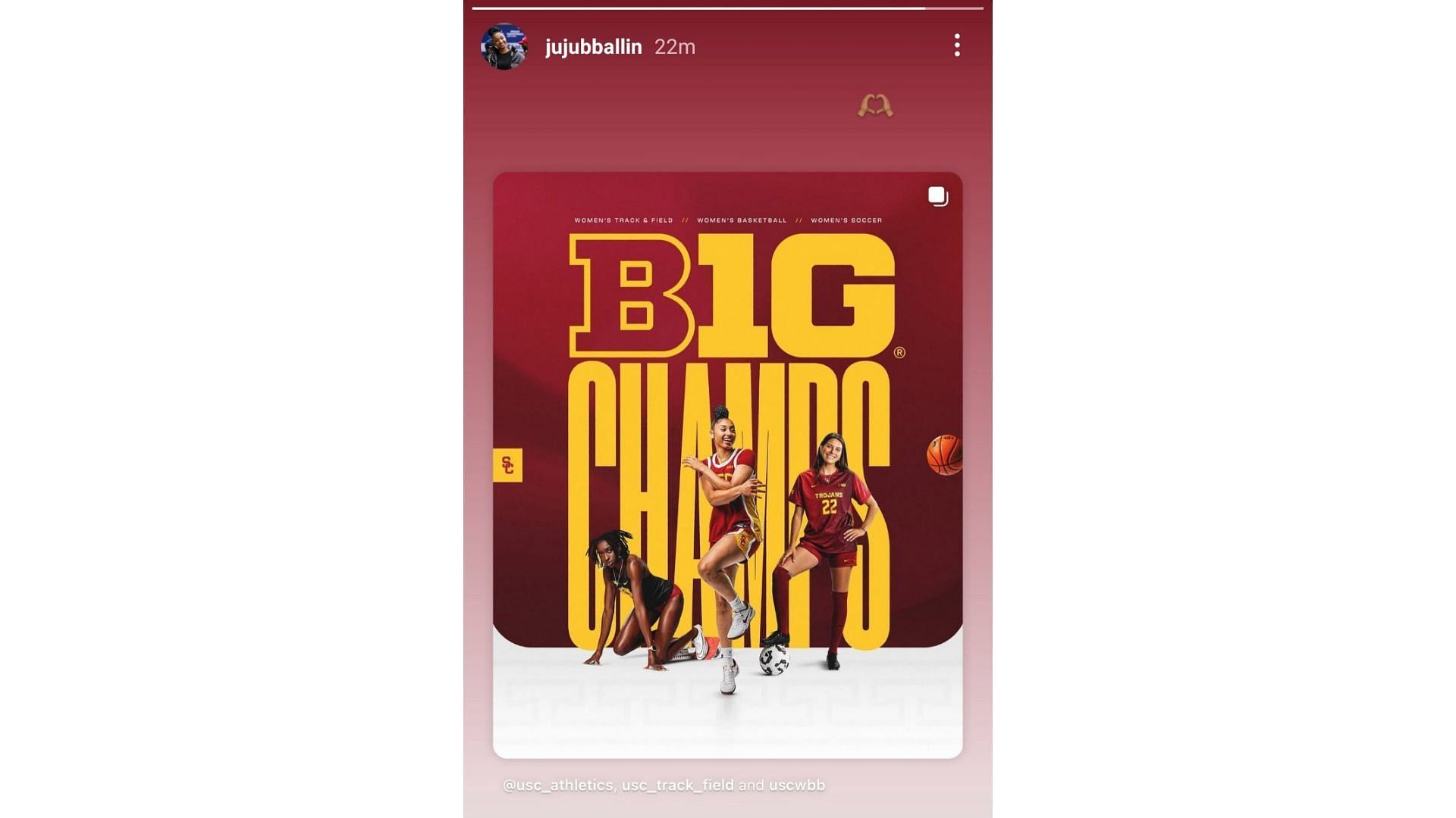 JuJu Watkins shared an Instagram post from USC announcing their Big Ten conference wins in various women's sports. Source: Instagram/@jujubballin